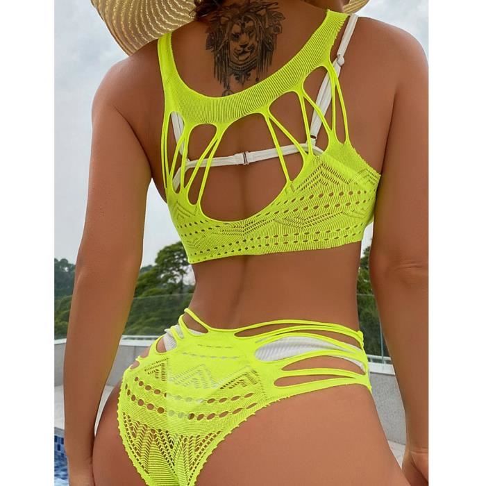 IEFIEL Ensemble Lingerie Femme Pas Cher Resille Crop Top et Culotte Erotique Vetements de Nuit Plage Fishnet Jaune fluo Cdiscount Pret a Porter
