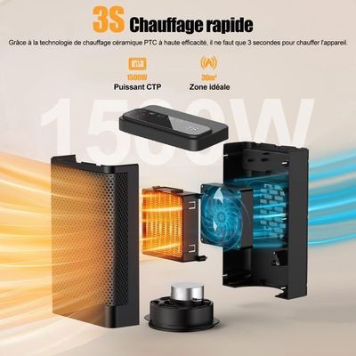 Chauffage D'Appoint 1500W Céramique PTC - Radiateur Soufflant Portable 3 Modes Minuterie 8H