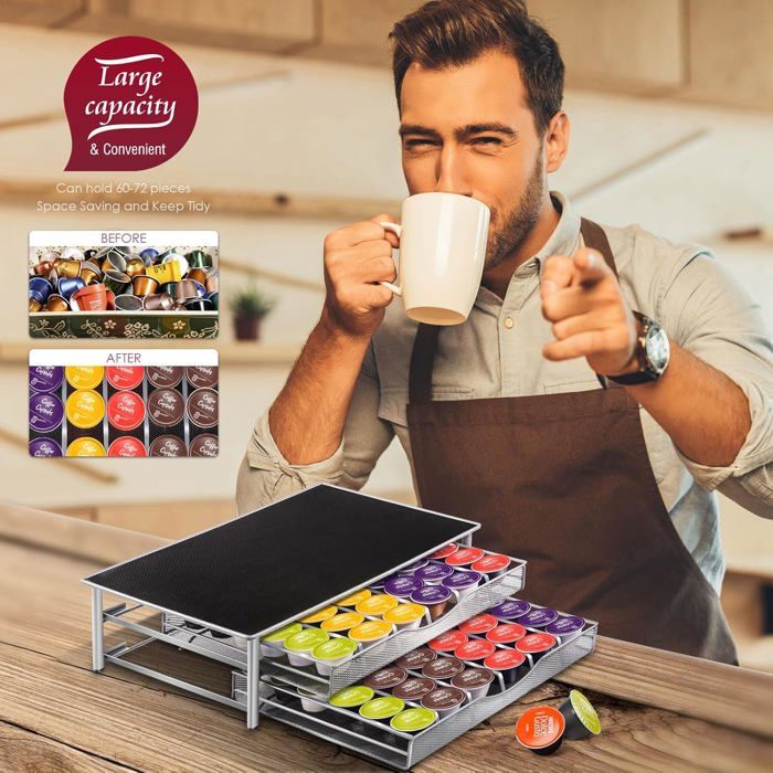 Tiroir à Capsules K-Cup Pour 72 Dosettes - Support En Bois Et Métal Avec Pieds Antidérapants, Rangement Machine à Café