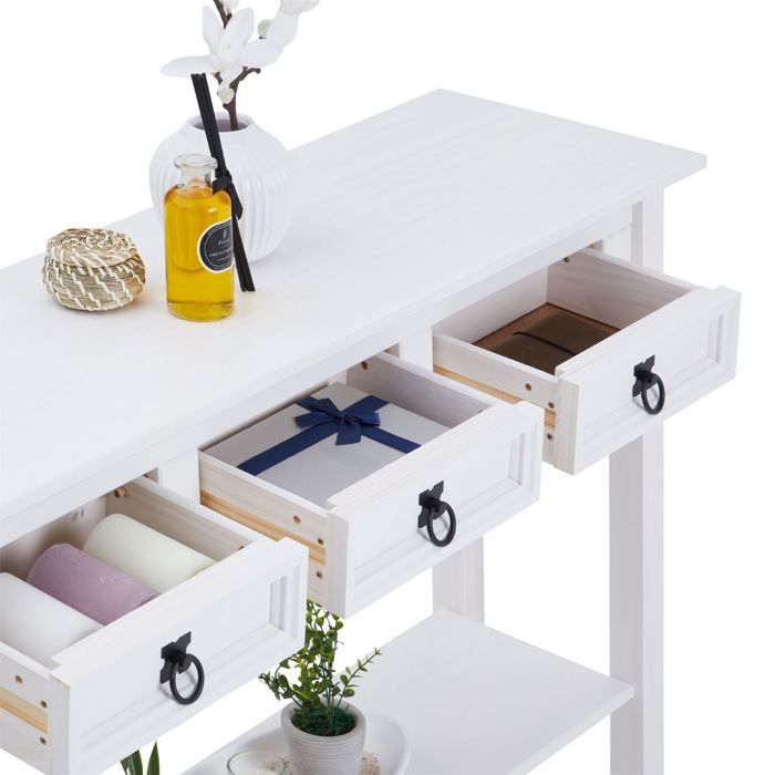 Table Console En Pin Massif Blanc 100x35x75 Cm - 2 Tiroirs + Étagère, Table D'Entrée, Bout De Canapé, Rangement