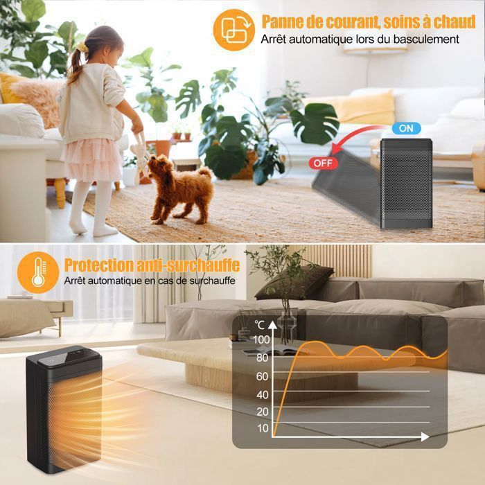 Chauffage D’appoint Céramique PTC 1500W Avec Télécommande – Minuterie 12h, Oscillation 70°, Silencieux, écran LED