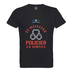T-SHIRT T-shirt Homme Col Rond Coton Bio Noir Le Meilleur Policier du Monde Gendarmerie Justice Police