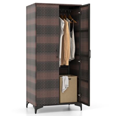 COSTWAY Rangement Exterieur de Vêtements H157cm, Tringle de Suspension, Armoire Penderie en Osier PE pour Salon Patio Garage,Marron