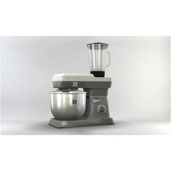 Herzberg, HG5065-GRAY, Robot Petrin Multifonction, Blender En Verre 1.7L, Puissance 1800 W Max, Réglage De 6 Vitesses, Capacité Du Bol 6.5L, Inox, Couleur Gris