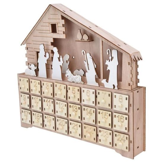 Calendrier De L'Avent En Bois Avec 24 Tiroirs - Lumières LED - Compte à Rebours Noël - Décoration Réutilisable - 30x26,5x6,5 Cm