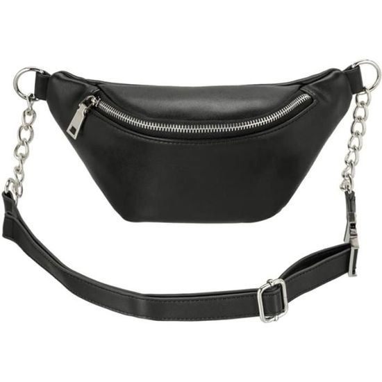Sac Banane Bandoulière En Cuir Synthétique Noir Avec Chaîne - Style Unisexe, Neuf Avec étiquettes