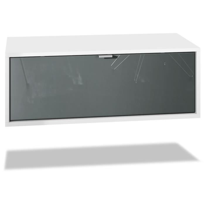 Vladon Meuble TV Lana 140 armoire murale lowboard 140 x 29 x 37 cm caisson en blanc mat façades en Gris haute brillance