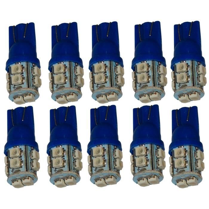 Aerzetix: 10x ampoule T10 W5W 12V 10LED SMD bleu veilleuses éclairage intérieur plaque d'immatriculation seuils de porte plafonnier