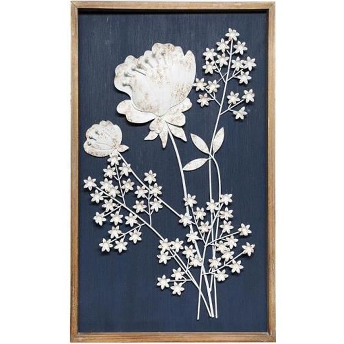Atmosphera - Déco Murale Cadre en Bois et Fleurs 3D en Métal blanc vieilli 47 x 77 cm Bleu