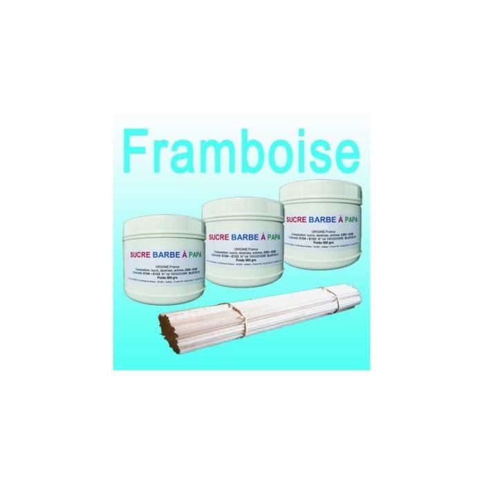 Lot de 3 pots de Sucre barbe à papa Framboise 500g + 100 Bâtons