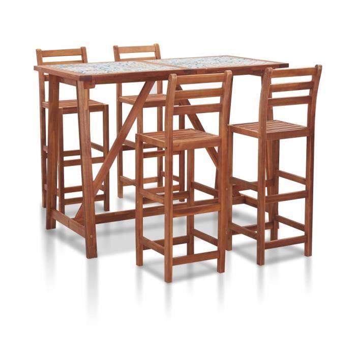 Ensemble Table de bar + 4 tabourets bar - Ensemble de bar d'extérieur Mange-Debout Carreau mosaïque et acacia