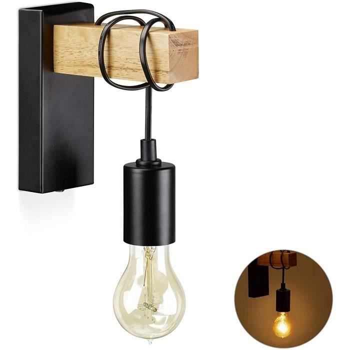 Appliques Murales Vintage Industrielle Noir en Métal Plafonnier Luminaire Rétro Applique Avec Bois 40W