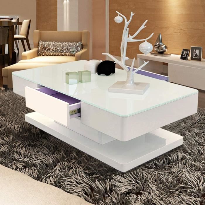 TUKAILAI Table basse moderne blanche avec plateau en verre trempé de 8 mm et surface brillante 2 tiroirs de rangement pour salo A12