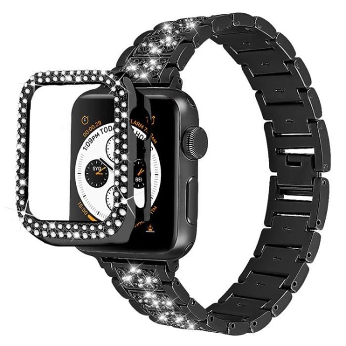 Decor Strass 3 Perles Bande Bracelet + Double Rangée Strass Montre Pour Apple Watch Series 7 45Mm - Noir
