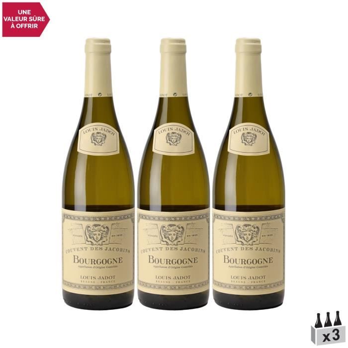 Bourgogne Couvent des Jacobins Blanc 2019 - Lot de 3x75cl - Louis Jadot - Vin AOC Blanc de Bourgogne - Cépage Chardonnay