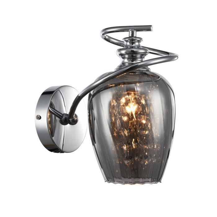 Applique Murale, contemporain, en Métal couleur nickel et en verre fumé, cristal en pendetif 1 ampoule, excl. 1x E14 40W 220V
