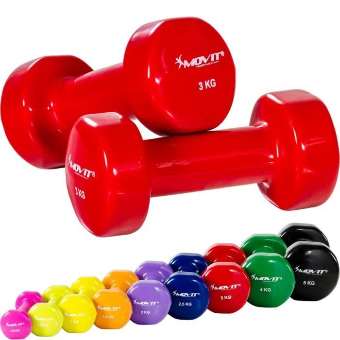 MOVIT Set de 2 haltères en vinyle rouge 6 kg (2 x 3 kg)