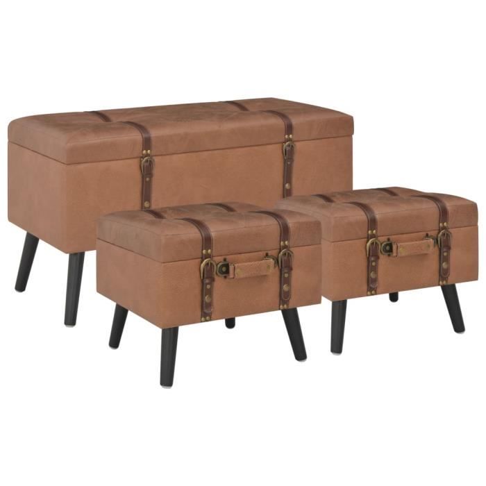 Tabouret Coffre Siège de Rangement Poufs de rangement 3 pcs Marron Similicuir