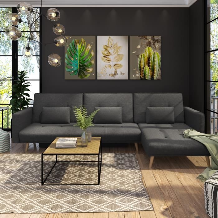 Canapé d’angle convertible - MRU MRU- tissu Sawana 05 gris foncé - coffre de rangement - pieds bois
