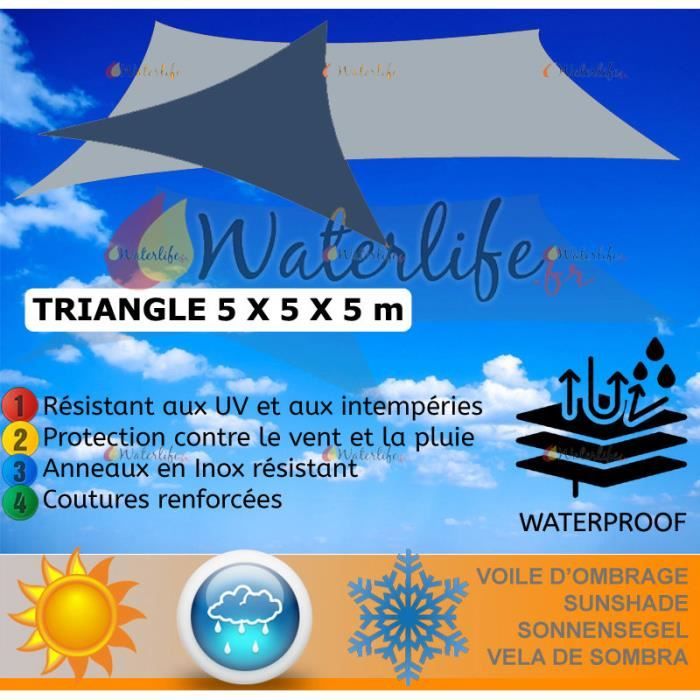 Voile d'ombrage 5x5x5m Imperméable Gris – Inox
