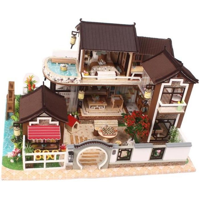 YOSOO Modèle de mini maison Kit de Meubles en Bois Miniatures Bricolage Modèle d'Assemblage de Cour Chinoise Rétro avec Lumière