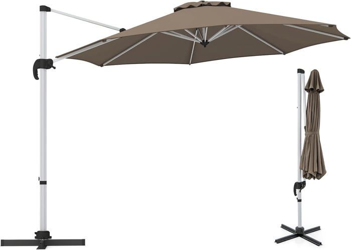 Parasol de Jardin Φ3M - GOPLUS - Parasol Déporté Rond Inclinable à 5 Angles - Rotatif à 360°- Pied en Croix - en Alu - Chocolat