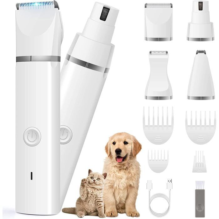 4 en 1 Tondeuse Chien Professionnelle Silencieuse Étanchéité Tondeuse Toilettag Rechargeable pour Chat Autres Animaux Blanc