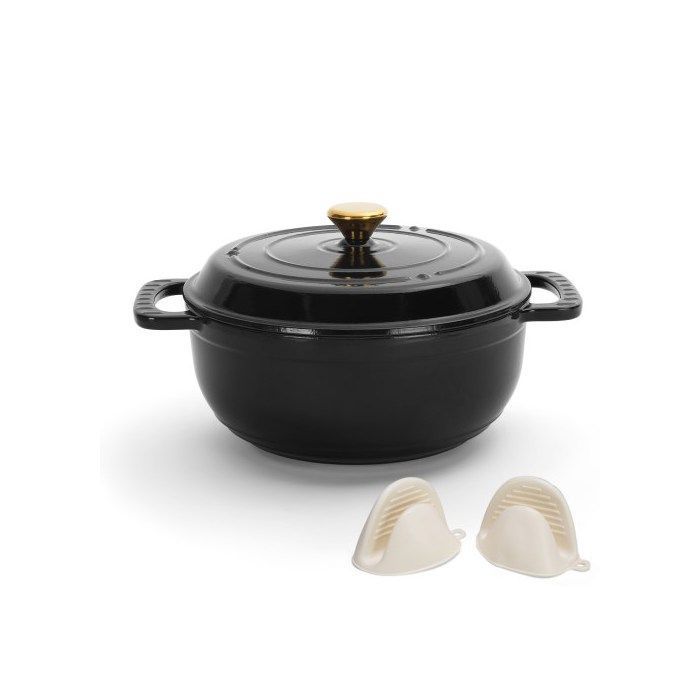 Cocotte - ALIGHTUP - Cocotte Fonte Émaillée ronde Avec 2 Gants de Cuisine en Silicone 26cm - Noir