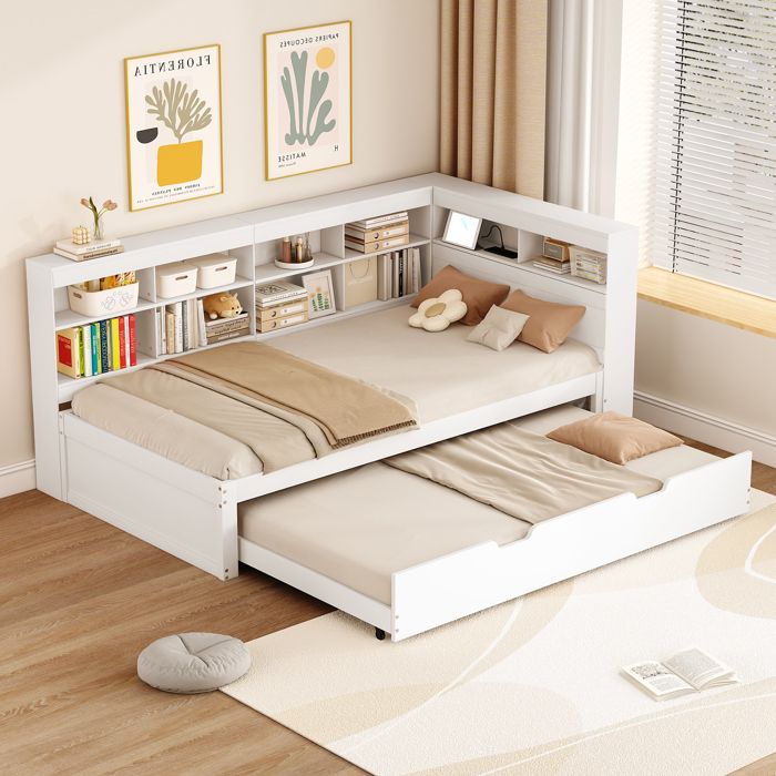 Canapé lit 90x200cm - Lit gigogne 90x190cm - Avec prise USB - 10 rangements - Bois massif - Blanc Canapé lit 90x200cm - Lit gigogne 90x190cm - Avec prise USB - 10 rangements - Bois massif - Blanc