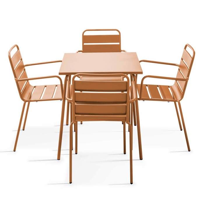 Ensemble table de jardin carrée et 4 fauteuils acier 70 cm caramel Palavas Oviala
