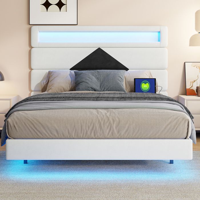 Lit 140x190 avec sommierCadre de lit flottant avec Tête de lit Rembourrée Réglable Lit 2 Personnes avec Lumières LED et Ports