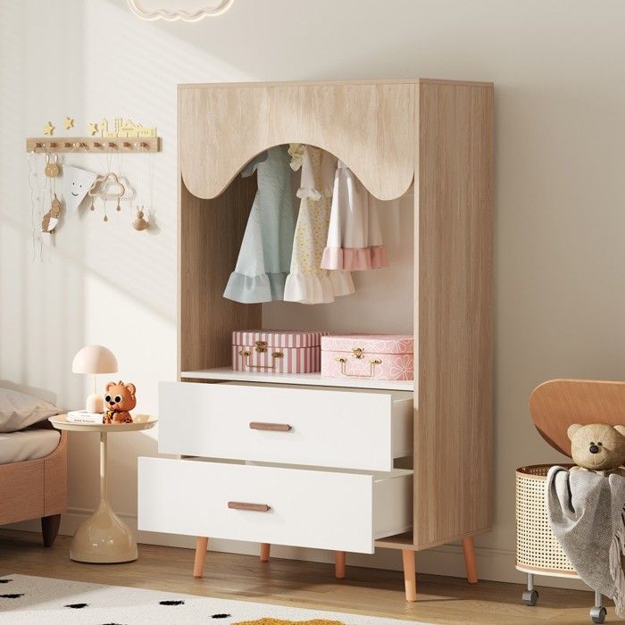 Armoire enfant blanc bois naturel 80cm avec tringle tiroirs étagères ouverte poignées bois massif aggloméré 80×46×141 5cm