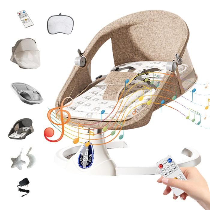 Balancelle Bébé Électrique avec Balançoire à 5 vitesses - Minuterie - Télécommande - Harnais sécurité cinq points - 0-24 mois-Kaki