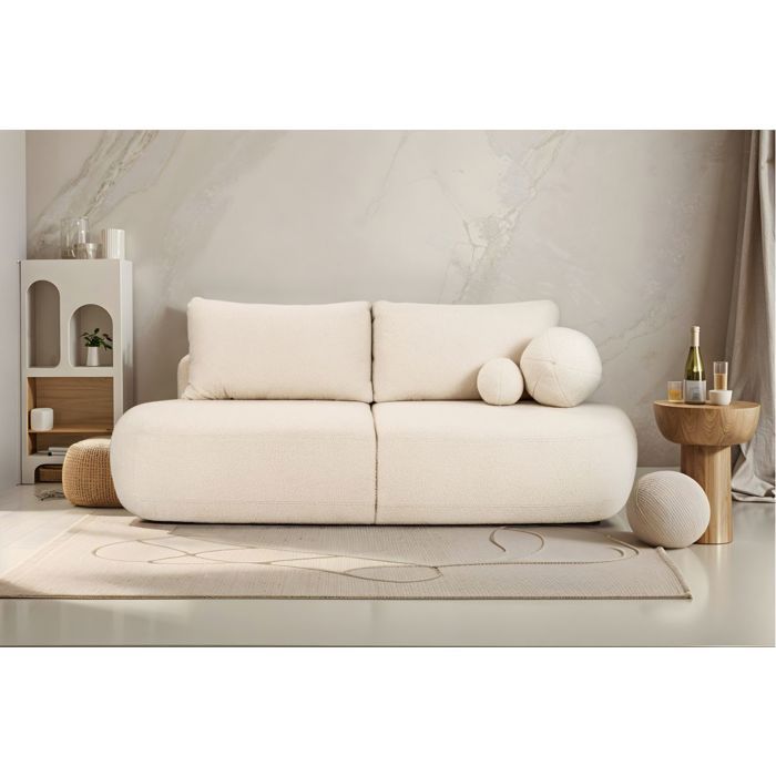 Canapé convertible droit 4 places FABIO en tissu bouclette - Blanc cassé