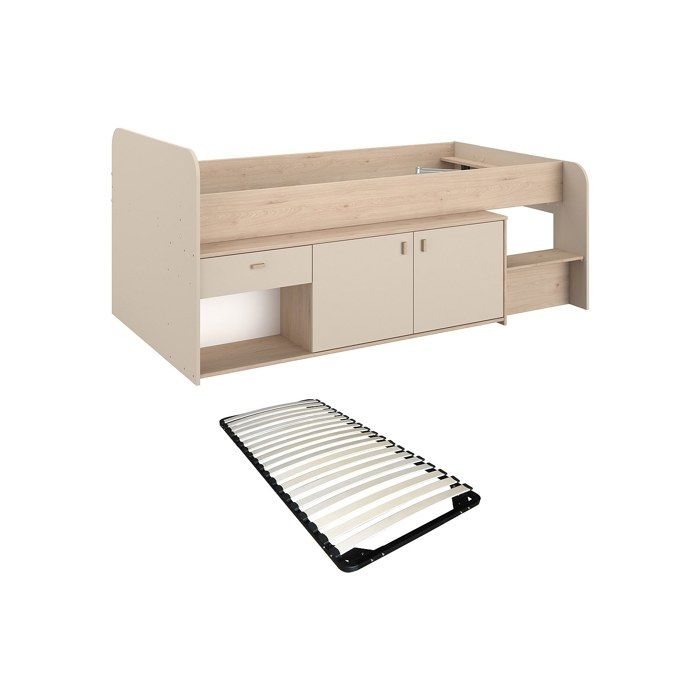 Lit mi-hauteur 90 x 190/200 cm avec rangements – Beige et naturel + Sommier - LUNOBI