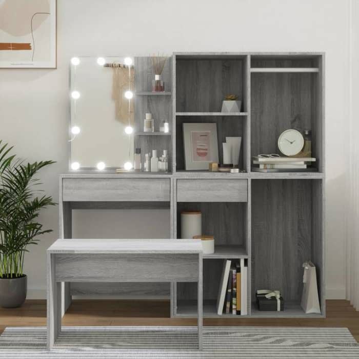 BEL ACHAT*Ensemble de coiffeuse avec LED - bureau de maquillage - Sonoma gris Bois dingénierie Promo307977
