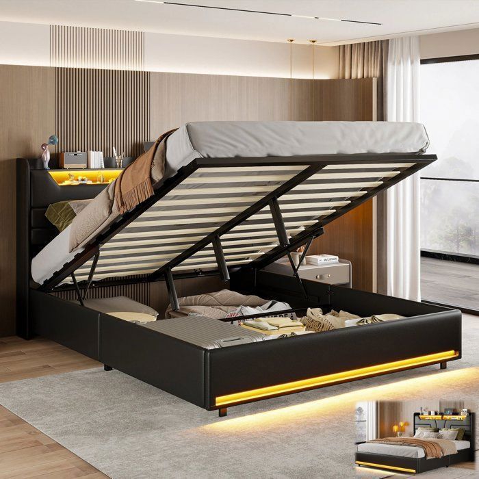 Lit coffre double 160 x 200 cm Coffre de rangement Chambre complete adulte avec LED et USB Sommier à lattes PU Noir Sans matelas