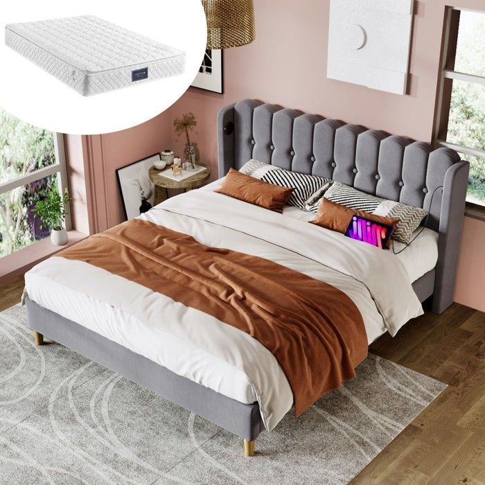 Lit Double 140x200cm Gris Jeunesse Rembourré Lin avec Charge USB Cadre Lattes Intégré Design Cosy et Matelas Lit Double 140x200cm Gris Jeunesse Rembourré Lin avec Charge USB Cadre Lattes Intégré Design Cosy et Matelas