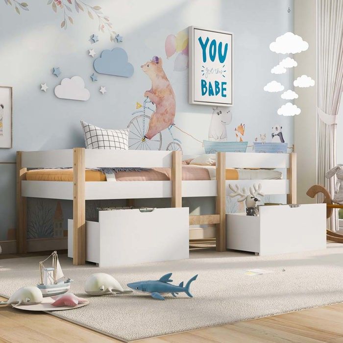 Lit enfant - Lit mi-hauteur - 90 x 190 cm - Pin massif & MDF - Avec 2 tiroirs