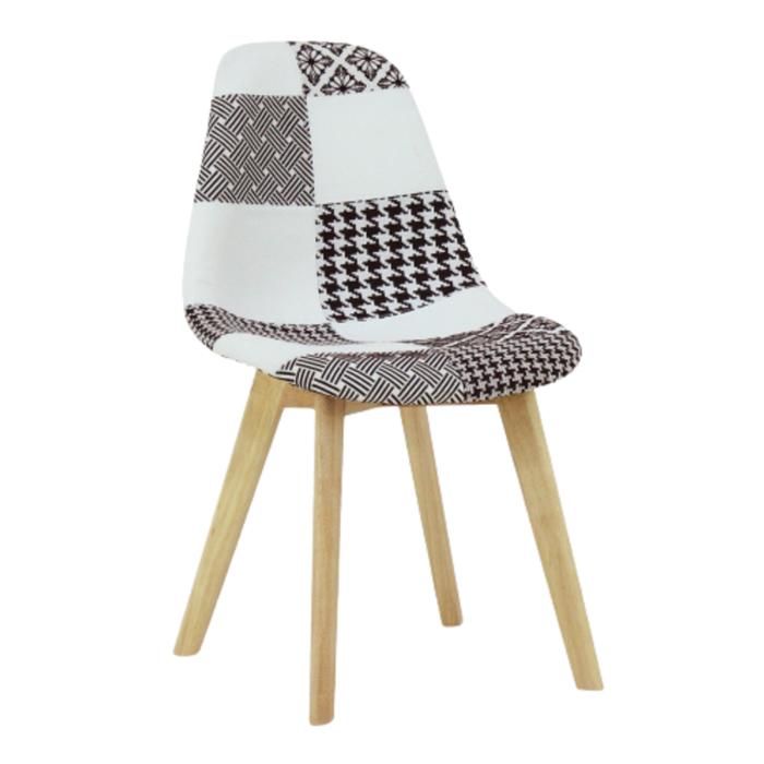 Chaise individuelle en tissu patchwork noir et blanc avec pieds en bois et accoudoirs
