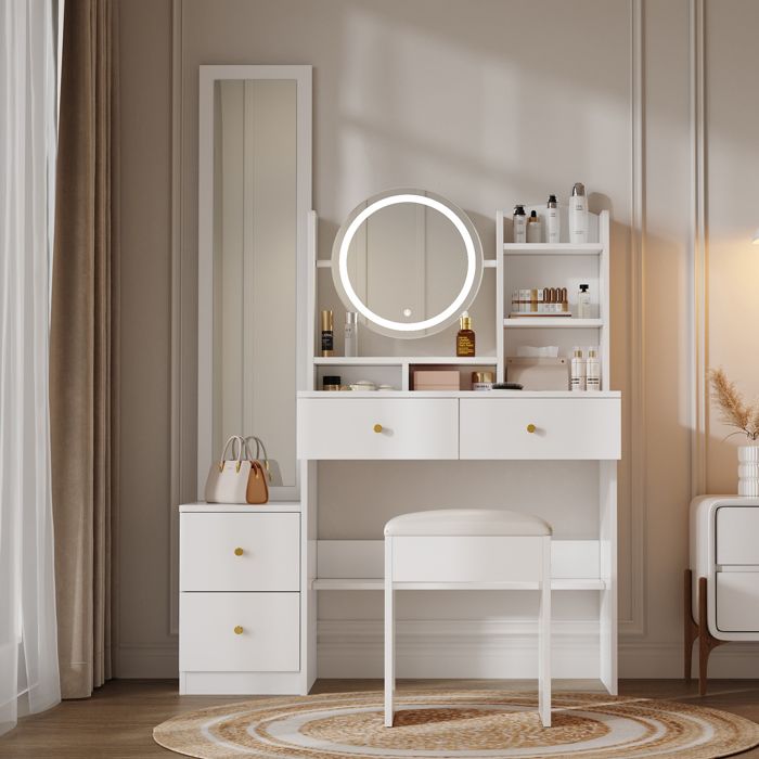 Coiffeuse 4en1 109x36x164 Blanc miroir plein pied LED 3 couleurs tabouret 4 tiroirs