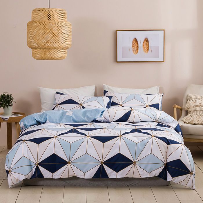 Housse de Couette 220x240 Bleu Blanc à Carreaux Motif Géométrique Parure de lit Adult avec 2 Taie doreiller 50x7 PARURE DE COUETTE