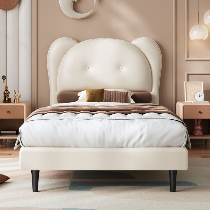 Lit Simple rembourré 90x200 cm avec sommier à lattes Structure de lit fille avec tête de lit en forme danimaux Lit Enfant beige