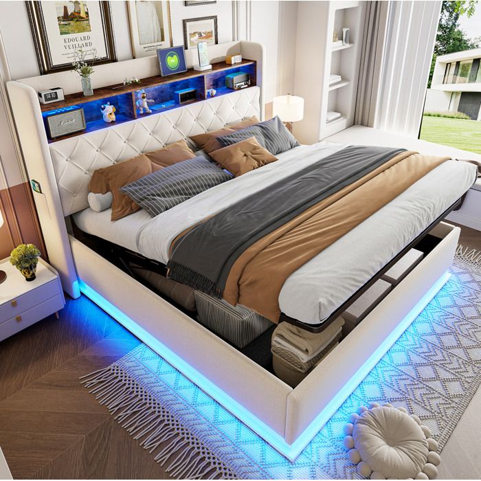 Lit rembourré LED beige 180 x 200 cm avec USB et rangement hydraulique