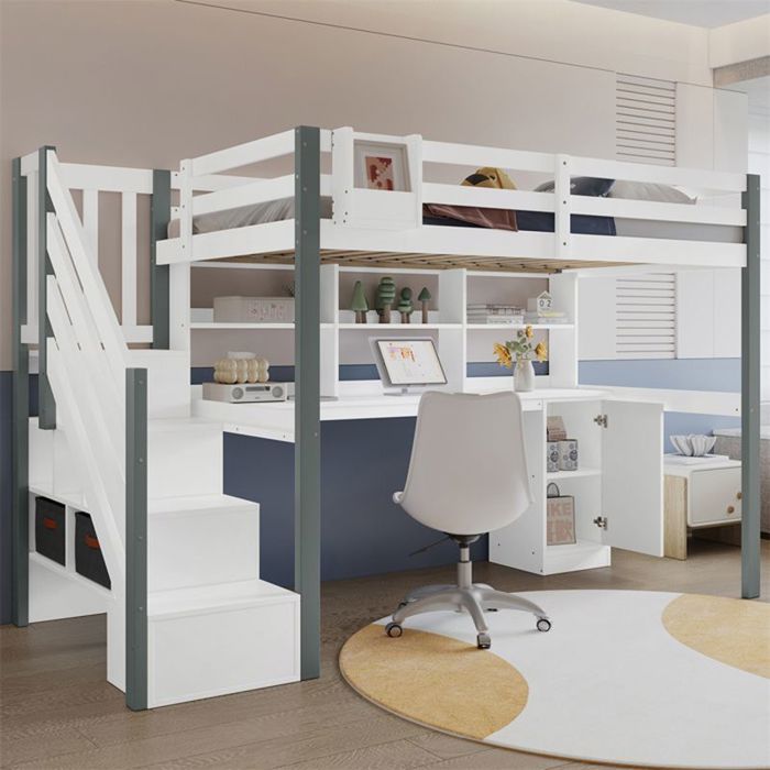 90 x 200 cm Lit superposé avec étagères ouvertes Lit junior avec bureau et armoire de rangement blanc et gris Matelas non inclus