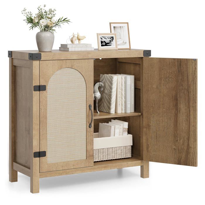 Buffet bohème en rotin - LUNSY - 2 portes - Rotin tressé à la main - 80x35x84 cm - Biege - Étagères réglables