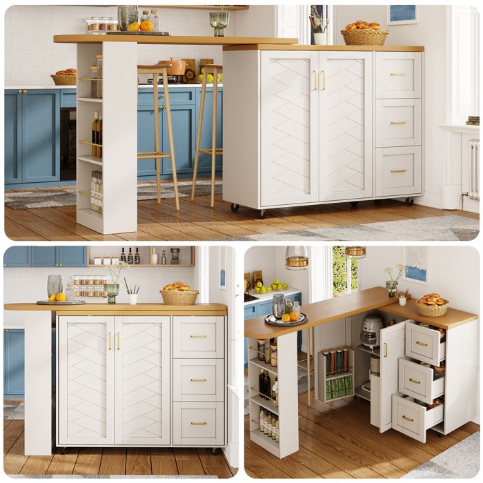 Chariot de bar extensible - 135-228x39x104 cm - Blanc/Noir - 2 portes - 3 tiroirs - Roulettes pivotantes
