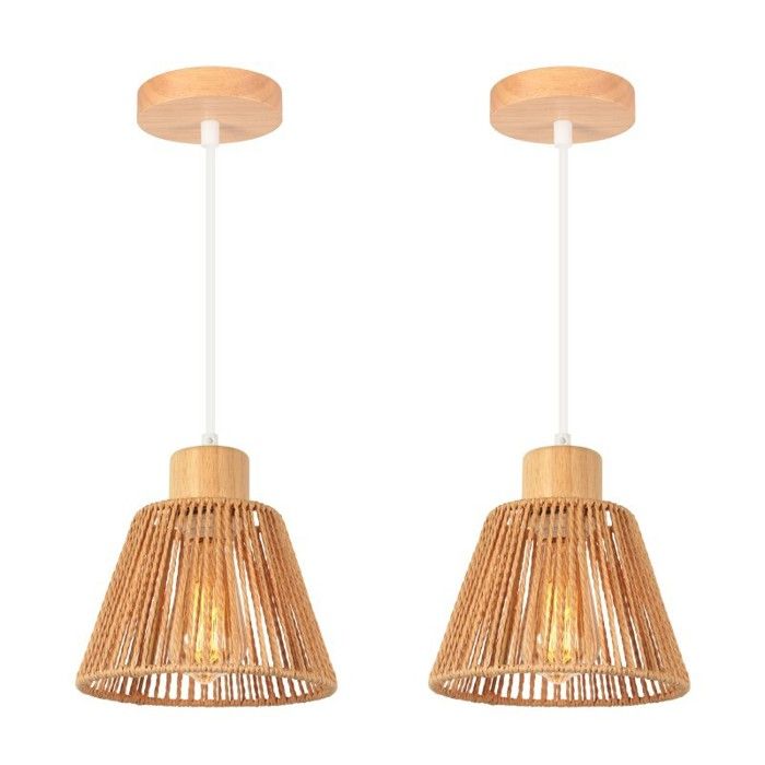 Suspension luminaire - SMOTOP - Bois & rotin vintage - 2x E27 20x14 cm - Style campagnard