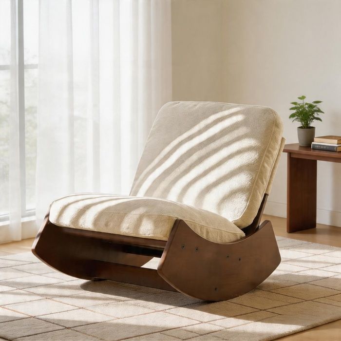 Fauteuil à bascule - Velours côtelé rayé - Bois massif - Rembourré confort - Blanc