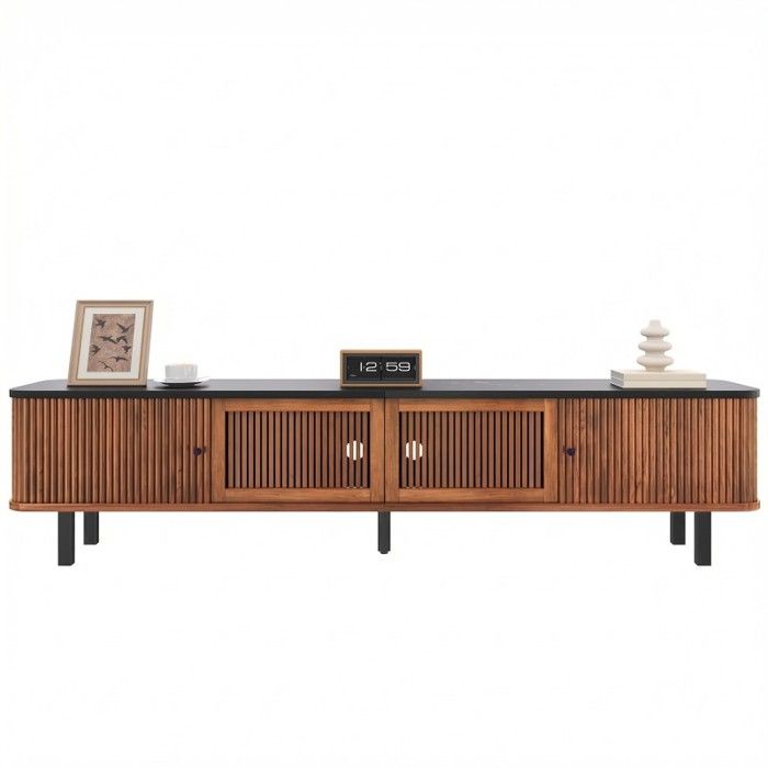 Meuble TV Moderne avec Portes Coulissantes et Grillagées Buffet Bas de Salon Design Industriel 190x35x45 cm Noyer et Noir.